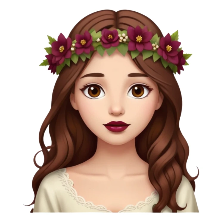 girl with long brown hair with flower crown, wine-colored lips sticker