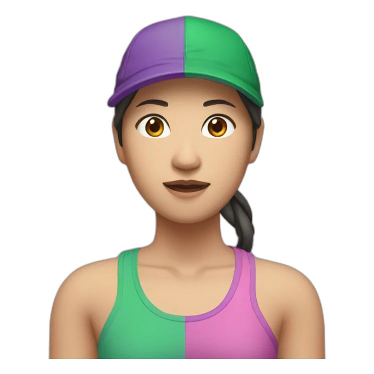 asian woman, green cap backwards, pink and purple singlet sticker