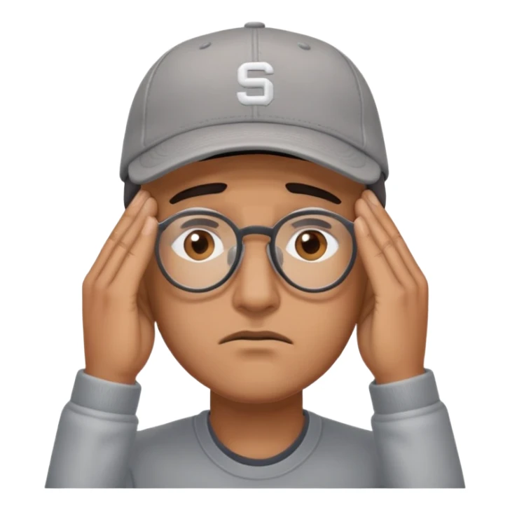 A man with a grey baseball cap, brown eyes,  and glasses, facepalm sticker