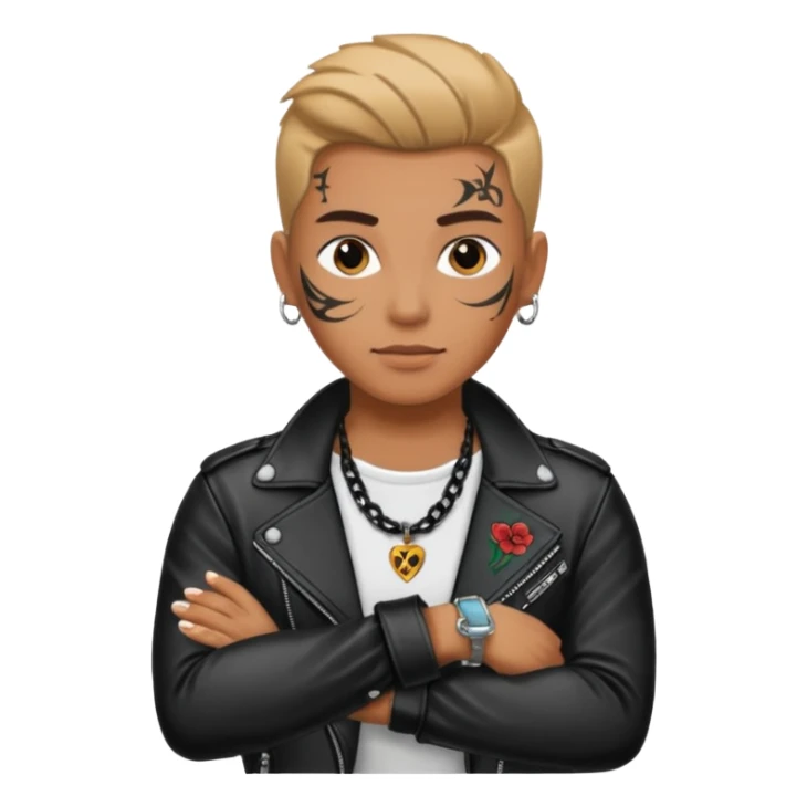 a rockstar wearing necklace, leather jacket, having tattoo sticker