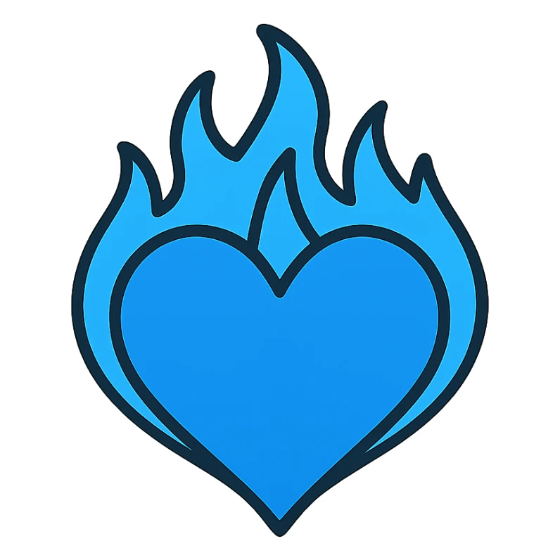 heart made of blue fire, glowing, icon style sticker