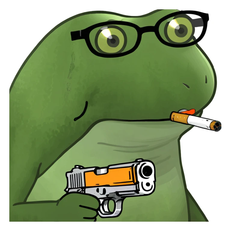 bufo frog meme with a gun, MLG glasses, and a cigarette in his mouth sticker