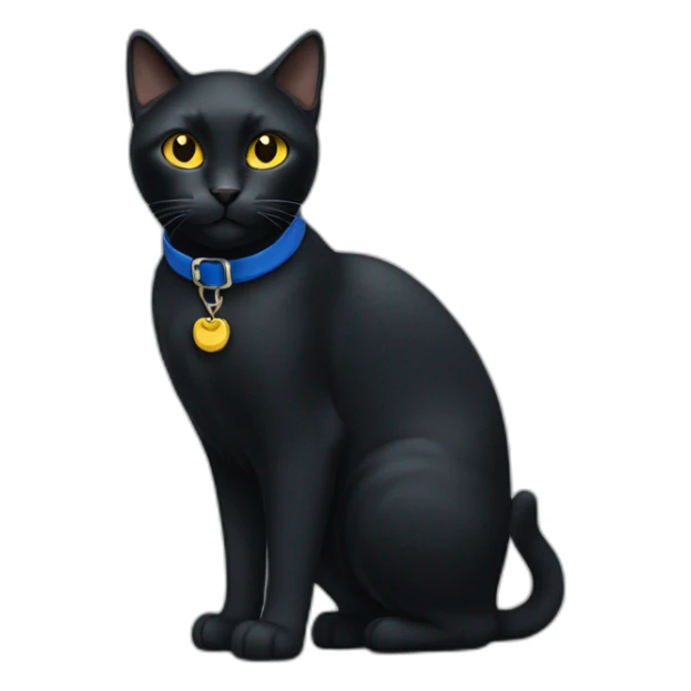 Black cat with yellow eyes and a blue collar sticker