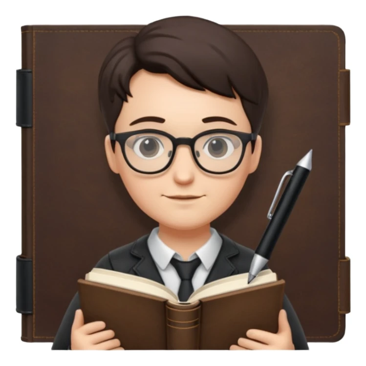 writer holding big pen and book, wearing glasses , zoom out sticker