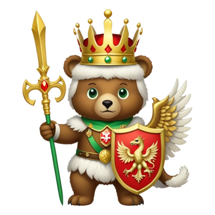 Endearing brown bear with bright green eyes, white fur hat with detailed Russian emblem: golden double-headed eagle with crowns, scepter, orb, and red shield with St. George slaying dragon, iOS emoji style sticker