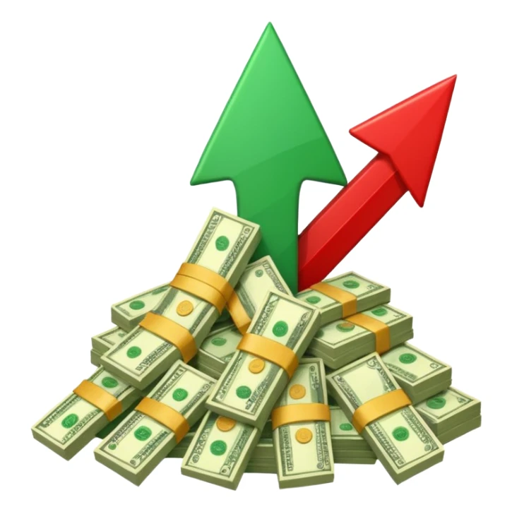 a pile of money with red arrow up sticker