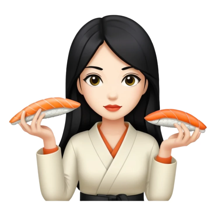Realistic anatomically correct female body, long black hair, sushi sticker