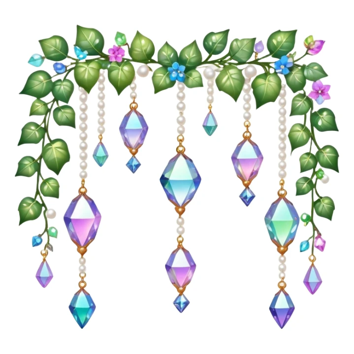 Exotic romantic Few cute tiny Iridescent glistening glossy sparkly shiny glittery hanging crystals pearls and beads and gemstones scenery scenic decorations with ivy and flowers sticker