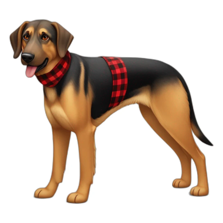 adult 75% Coonhound 25% German Shepherd mix dog with visible tail wearing small pointed red buffalo plaid bandana full body walking left quickly sticker