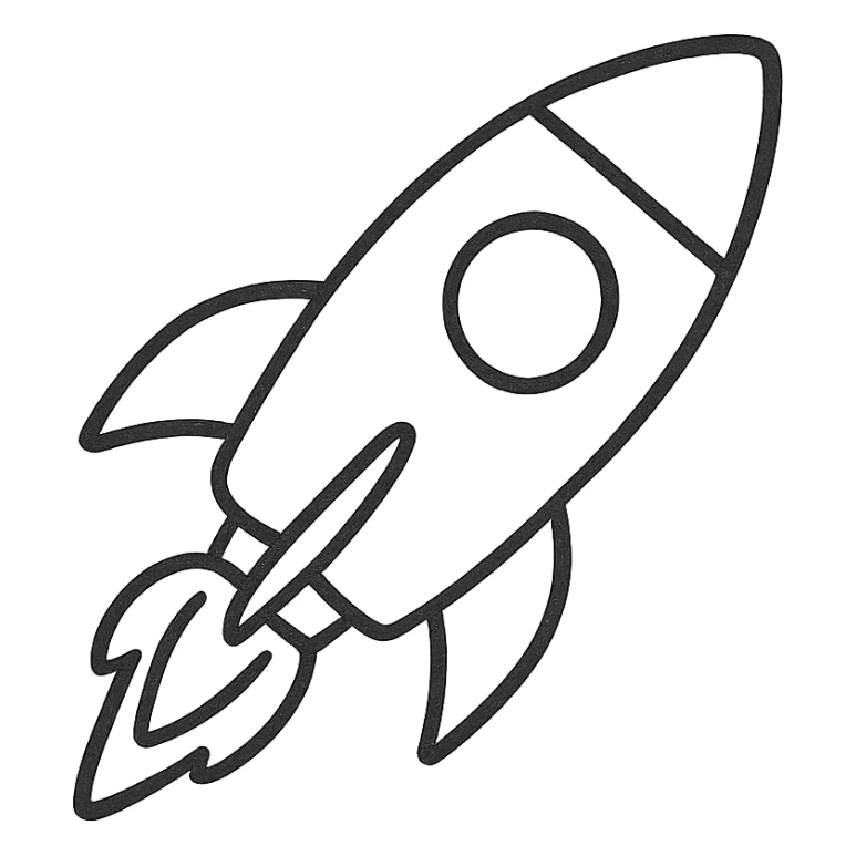 hand-drawn outlined icon of a rocket, black outlines, no fill, no color sticker