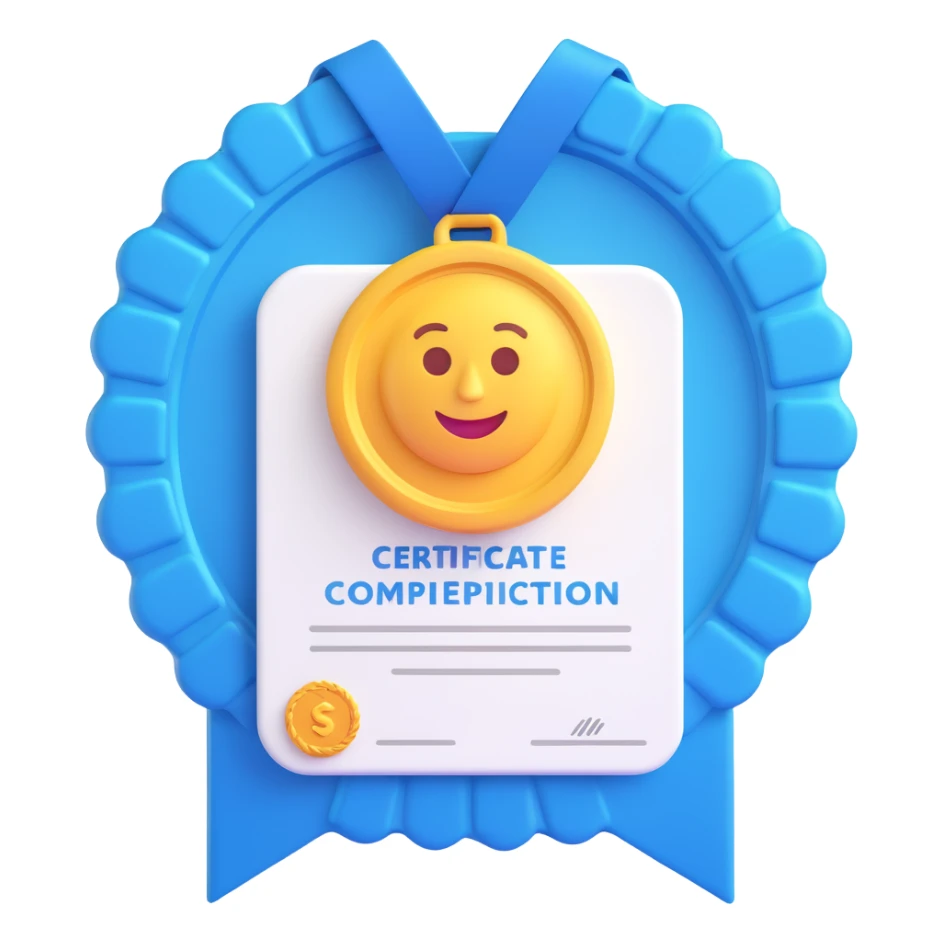 certificate of completion with a blue medal sticker, iPhone style 3D emoji sticker