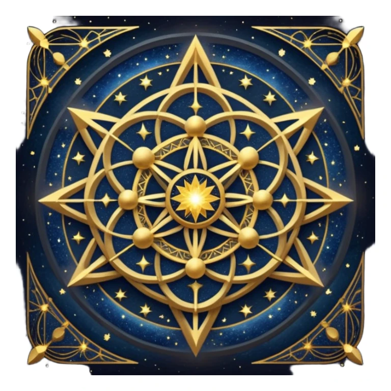 Создай изображение на основе этого промпта: sacred geometry. golden intricate patterns. glowing lines. cosmic dust. deep dark blue background. starry night sky. ethereal light. highly detailed. sharp focus. digital art. high resolution. sticker