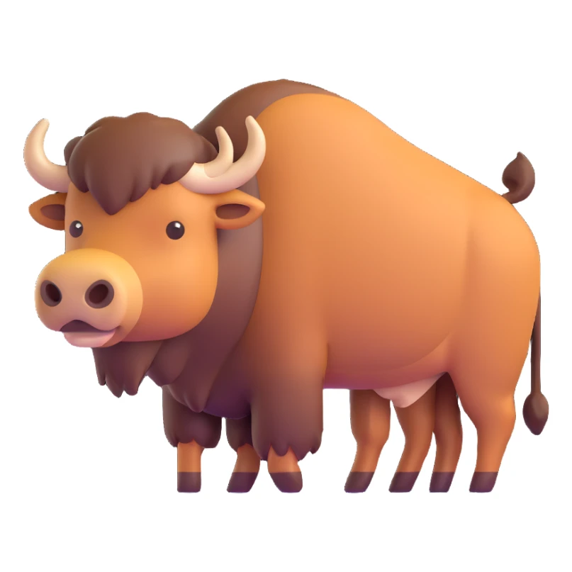 bison with raised tail, 3D emoji style, soft shading, lively and expressive, suitable for app icon sticker