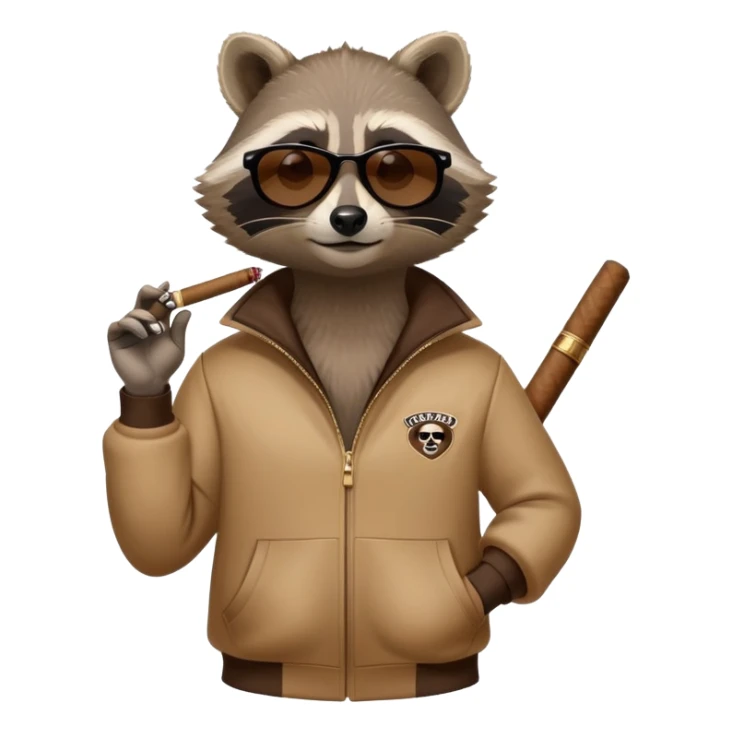 friendly anthropomorphised raccoon in a Sopranos-style mafia tracksuit, wearing dark sunglasses, holding a cigar, relaxed pose sticker