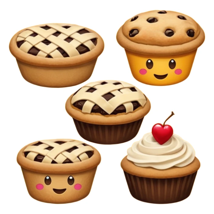Baking community humanless avatar in clean emoji-style illustration. Pie, cookie, and muffin warm golden tones, simple shapes, flat design, high contrast, cozy and friendly. sticker
