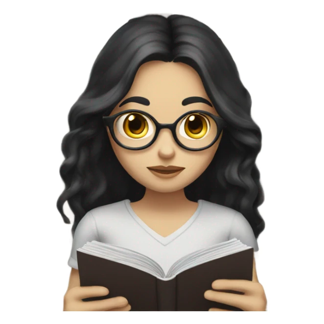 White skin with long dark hair, dark eyes, reading a book sticker