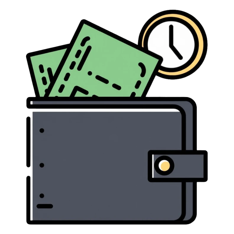 black wallet with dollars inside and a small clock in top right corner positioned above the wallet sticker