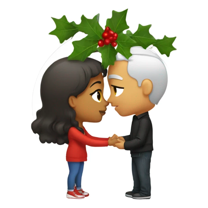 Puerto Rican girl kissing white man under a mistletoe sticker