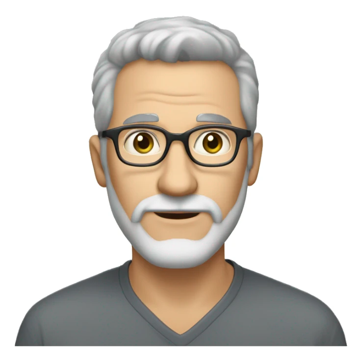 A thin handsome man in his 50s with graying short hair and a gray beard wearing brown, acetate framed eyeglasses he has greenish hazel eyes eyes sticker