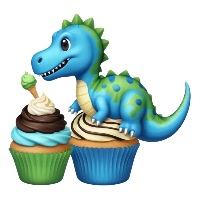 A cupcake having blue and black icing and a dinosaur as a decoration and ice cream next to it sticker