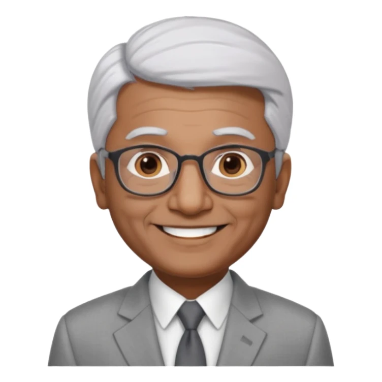 60 yr old indian man, short straight white hair brushed foreward , light grey business suit, big smile, dark brown skin, no moustache, dark brown eyes, glasses
 sticker