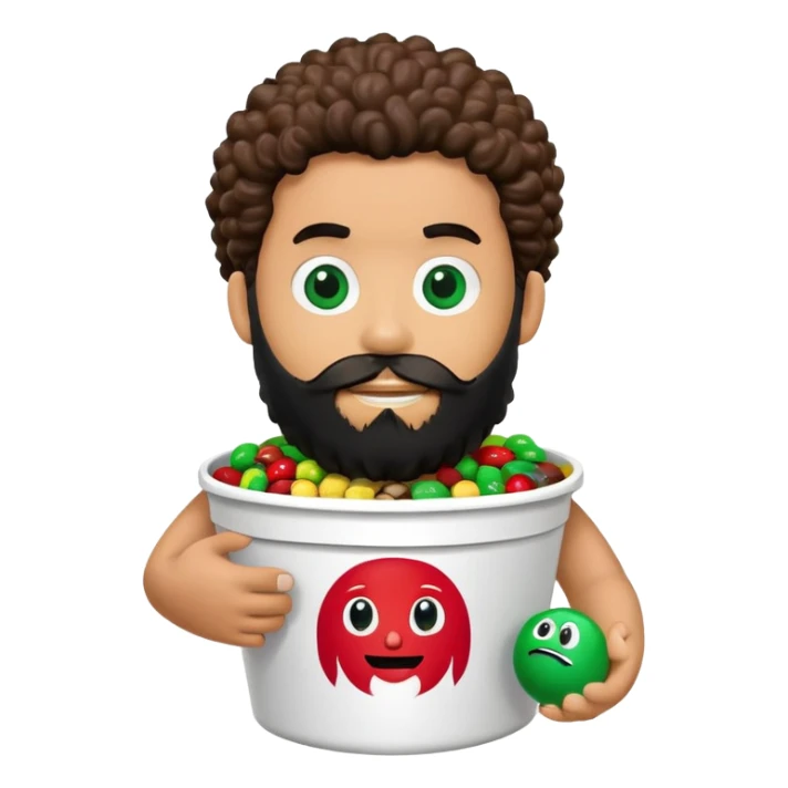 KFC bucket with a green M&M character sitting inside it, the M&M has a black beard, curly hair, and is holding an iPhone sticker