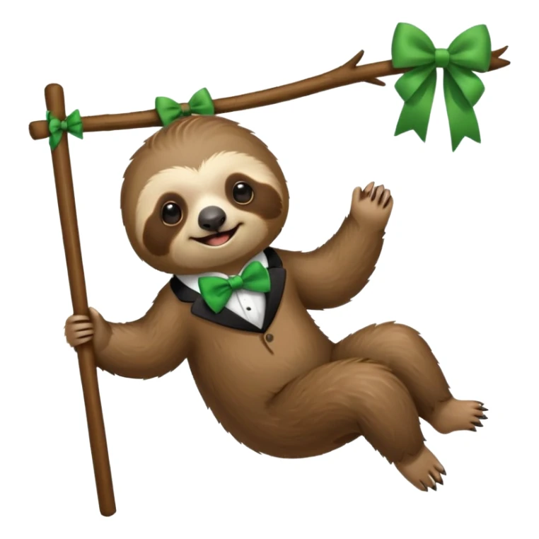 cute swinging Sloth on stick, green bow tie sticker