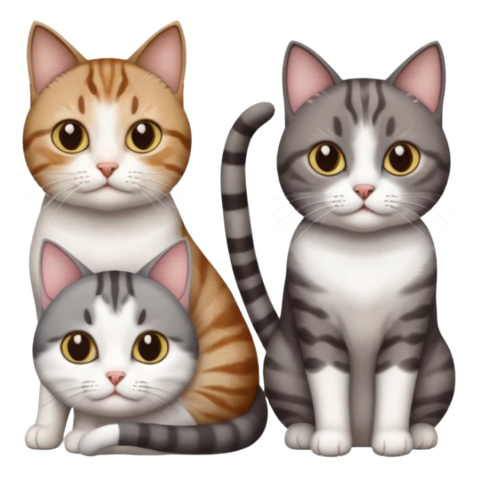 4 different coloured short haired cats including; a dark brown tabby and white cat, and a dark grey and white  sticker