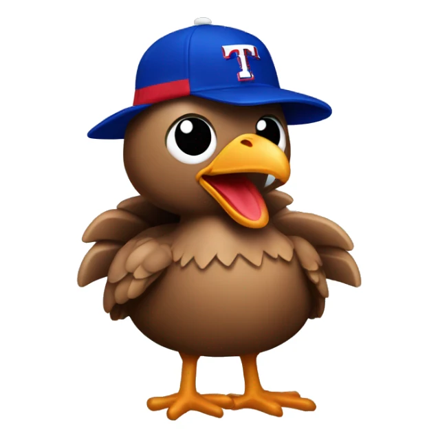 Turkey wearing a Texas Rangers jersey and hat sticker