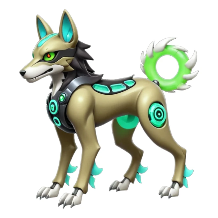 Hyper realistic skeletal black and neon green futuristic shiny colorful mechanical bioluminescent cyber-Cyborg-Poochyena-Lycanroc-Zorua-Litten-Houndoom-Fakémon-Pokémon-Digimon-hybrid-fusion (full body) with a skull face sticker