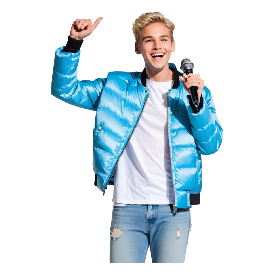 Pixel art style, expressive male performer, Caucasian features, short sandy blonde hair, lively eyes, wide cheerful smile, wearing a sky blue jacket over white tee, tossing a microphone in one hand, waist-up, front-facing sticker