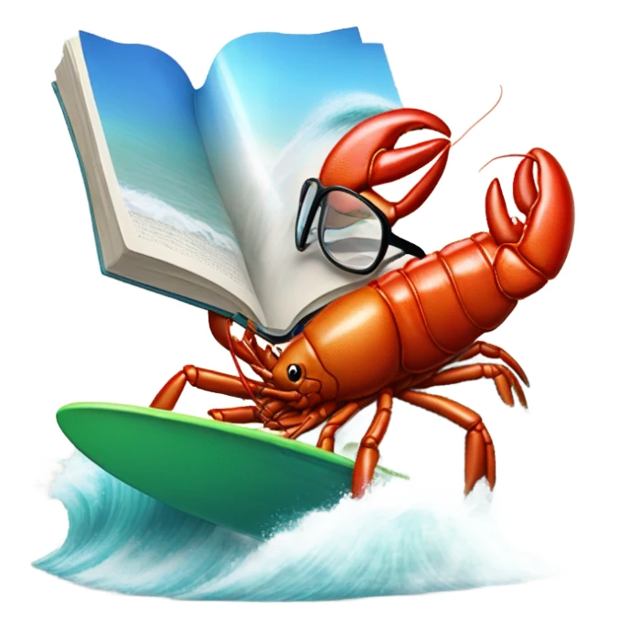 A lobster with glasses, reading fine literature as he is surfing on a surfboard, riding a huge tidal wave  sticker