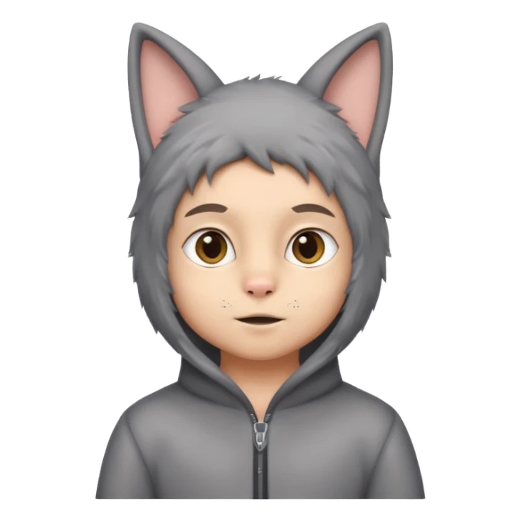 Boy kid in gray cat suit with tail and ears sticker