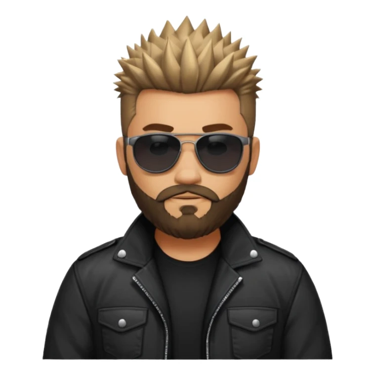 biker gang with black sunglass and rugged and bulky guy bearded spicks hair black jacket sticker