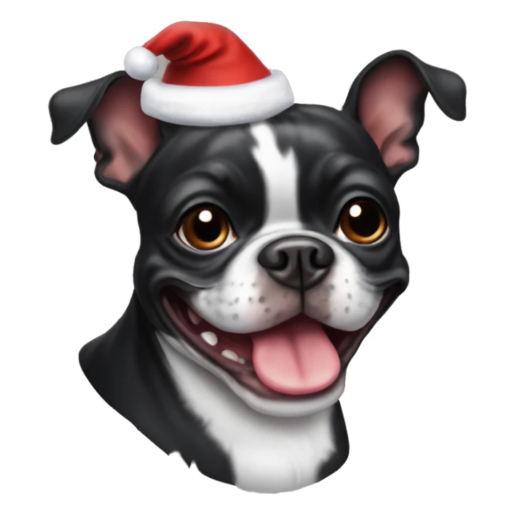 black and brindle boston terrier smiling wearing santa hat sticker
