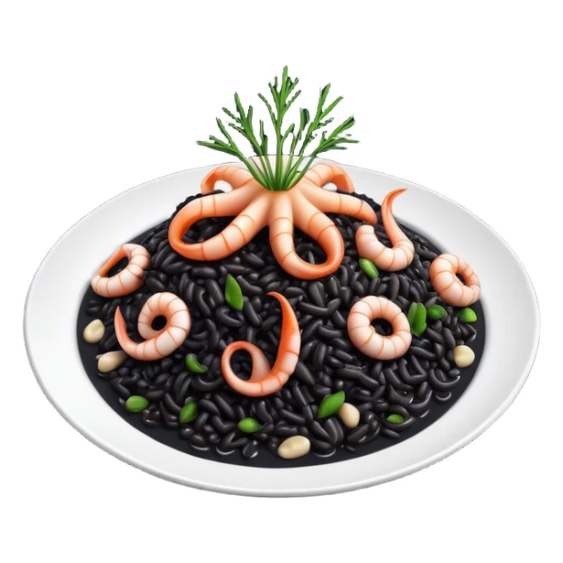 cinematic-realistic-black-risotto-dish-emoji,-showcasing-small squid pieces-rendered-with-bold-textures-and-dynamic,-dramatic-lighting. sticker