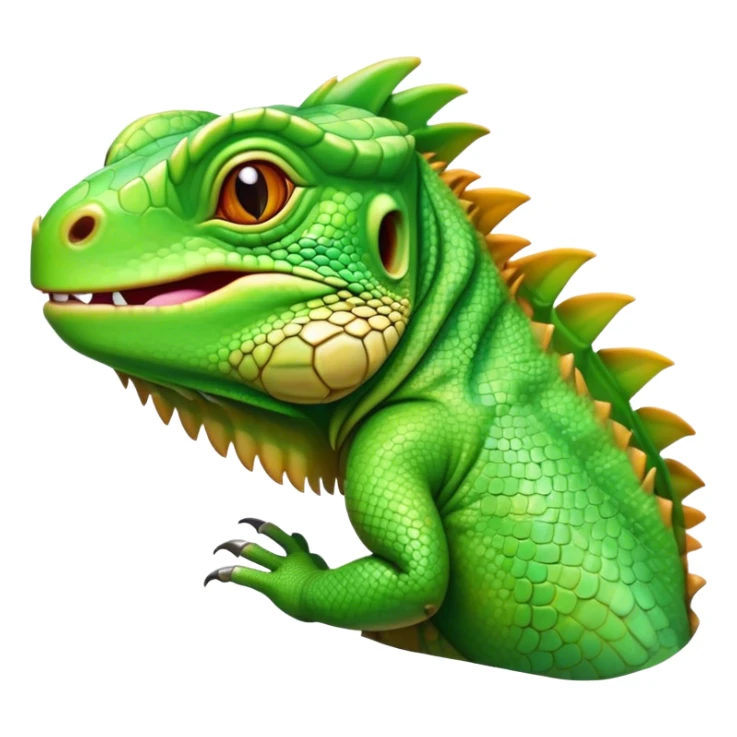 Cinematic Realistic Cute Iguana Portrait Emoji, Head tilted playfully and inquisitively, featuring a compact, agile build with a glossy, intricately scaled body in vivid green hues and a characteristically expressive face with bright, curious amber eyes, rendered in lifelike detail with natural highlights, high shine, affectionate and lively, styled with a touch of tropical whimsy, soft glowing outline, capturing the essence of a mischievous yet lovable iguana that seems poised to scurry out of the screen into your arms! sticker