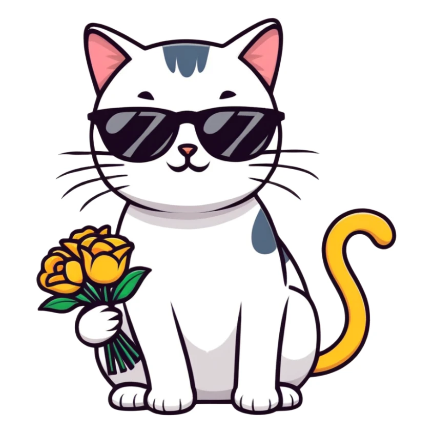 cat wearing sunglasses holding a bouquet of flowers sticker