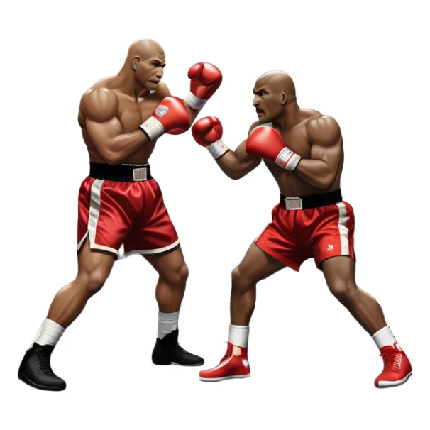 An intense boxing match between Mike Tyson and Evander Holyfield in the ring. Tyson is delivering a powerful uppercut, while Holyfield is poised for a counterattack. The background features a packed arena with bright lights and electrifying atmosphere. Transparent background sticker