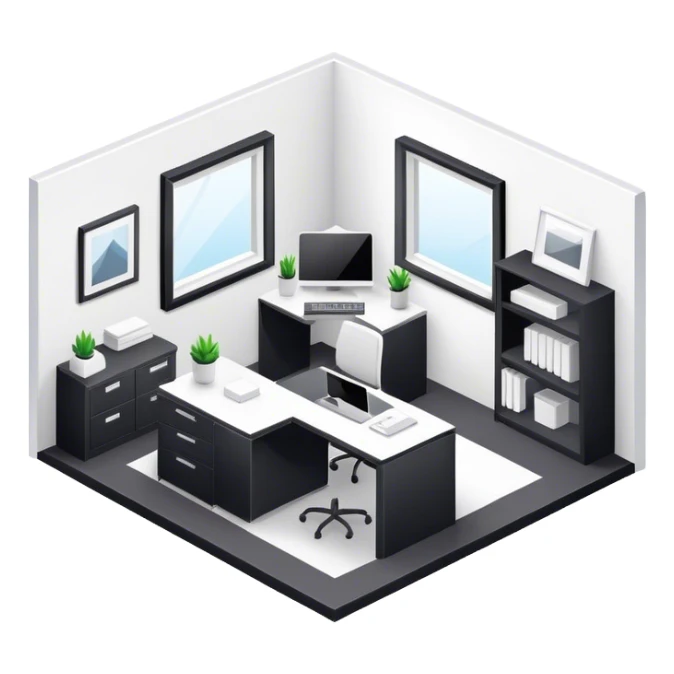 An isometric 3D room with two white walls that meet at the back left and right and a single Window. Black and White Home Office Room sticker