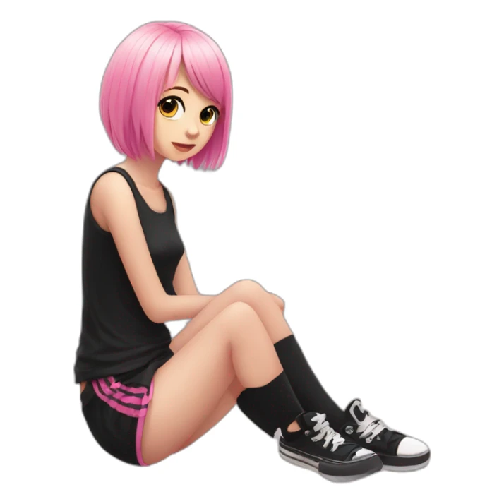 full body Front view emo girl sits on the floor black skirt pink knickers sticker