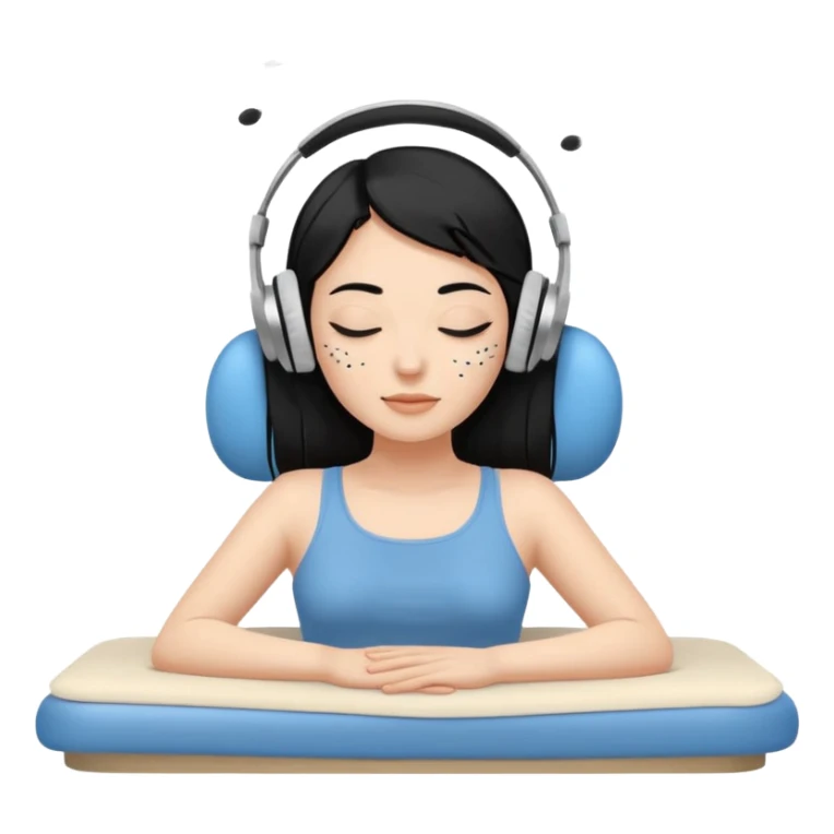 A stylized young woman with black hair lying on a massage table, relaxed, wearing headphones, small musical notes around the head. Flat vector style, thick black outline, simple palette (warm beige-brown tones + accent blue), clean background, high legibility at small size. 72x72, square, vector. sticker