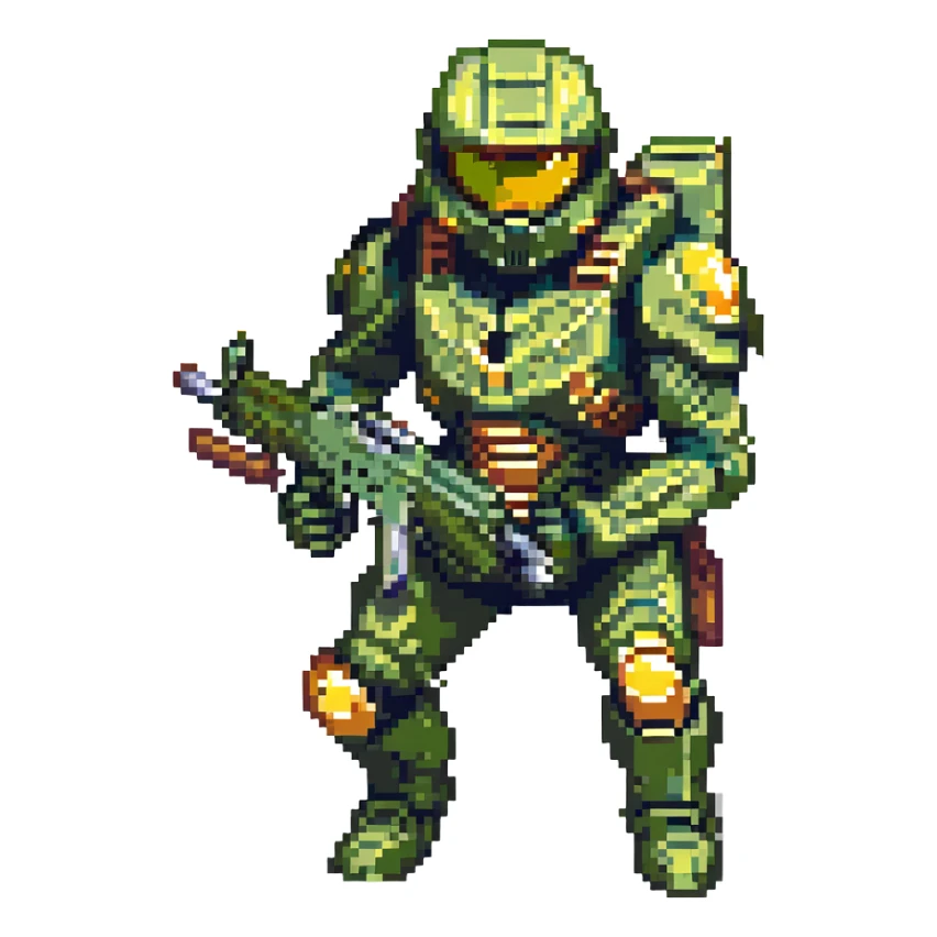 Master Chief, Halo, crouched with assault rifle, green armor, reflective gold visor, action pose, pixel art style sticker
