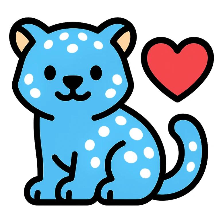 snow leopard with blue fur, white spots, and a heart sticker