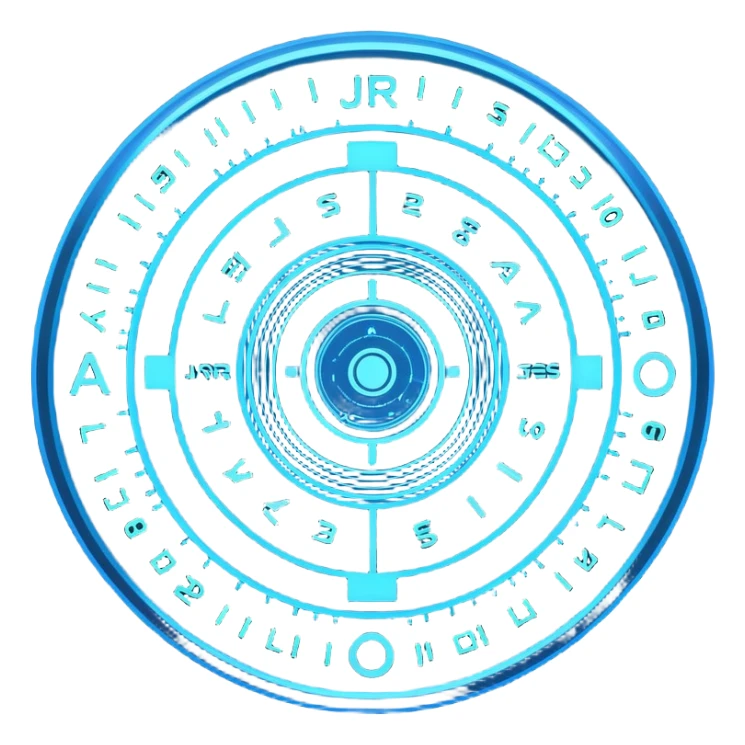 A circular blue holographic interface made of concentric rings, glowing tick marks, and data arcs, with the text “J.A.R.V.I.S.” centered, resembling a futuristic digital HUD floating in space. sticker