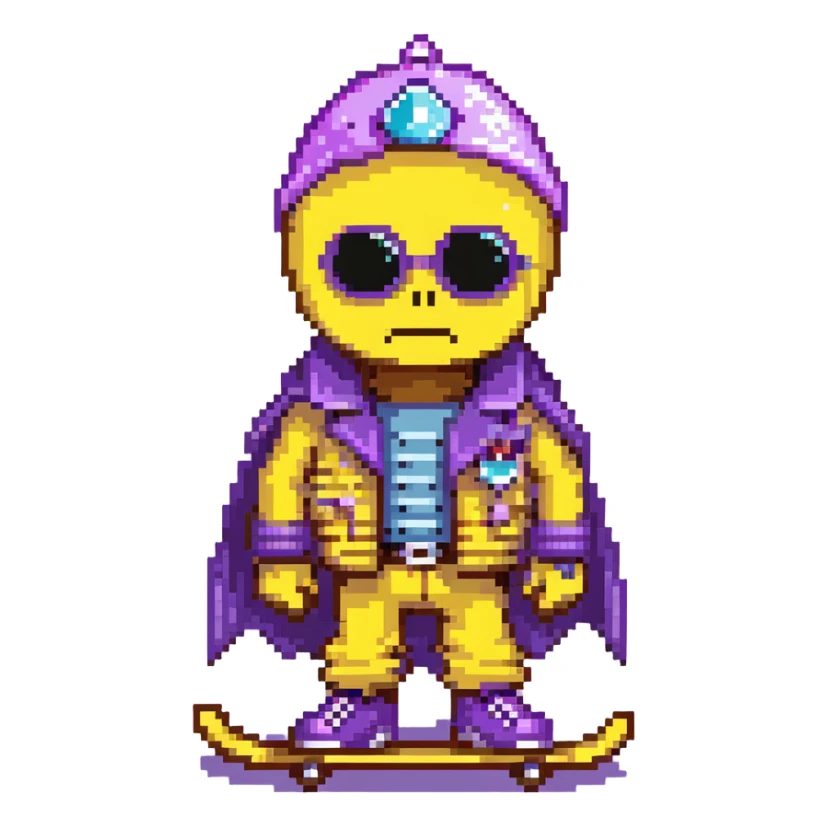 yellow guy showing off his fabulous outfit combining prince, alien, terminator, skater, skiier, and wizard elements, making a weird face, stylish and fabulous sticker