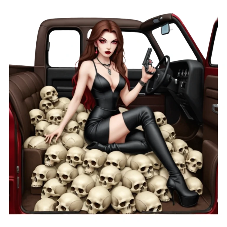 Lilith red eye seductress evil long brown haired sexy succubus woman with leather long seductive dress on, sitting in Big Large F350 pickup truck. Wearing super tall black platform high heels, Back seat full of stacks of cash, she is  Holding a human skull of her enemies and a gun in other hand sticker