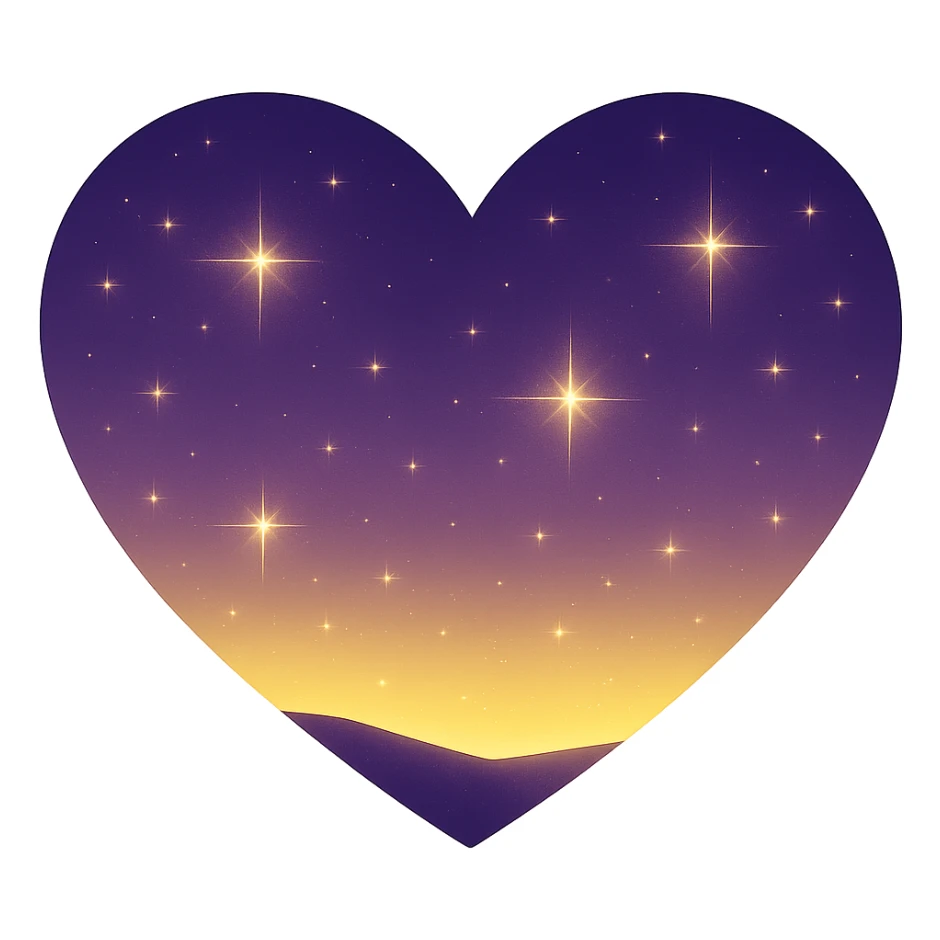 Modify the heart with a night sky gradient to a yellow night theme with a purple gradient, more stars, and a soft glow. Remove the background entirely  sticker
