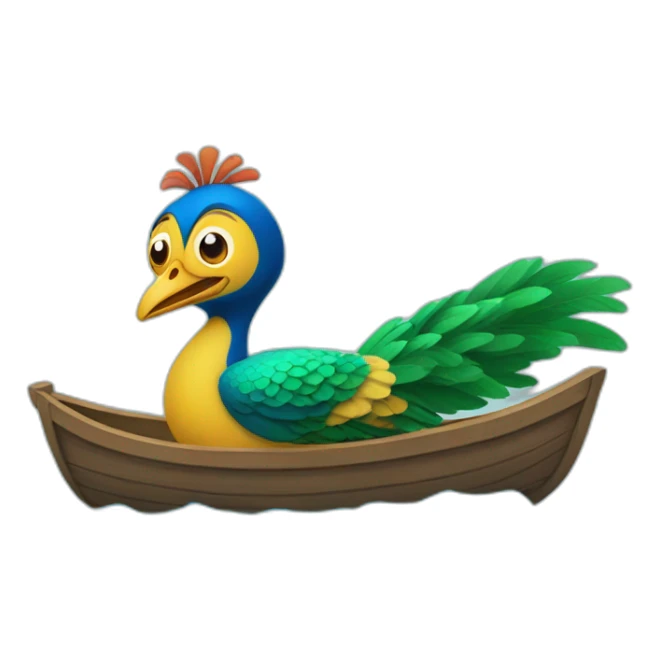 pecock riding in a boat with the funny face sticker
