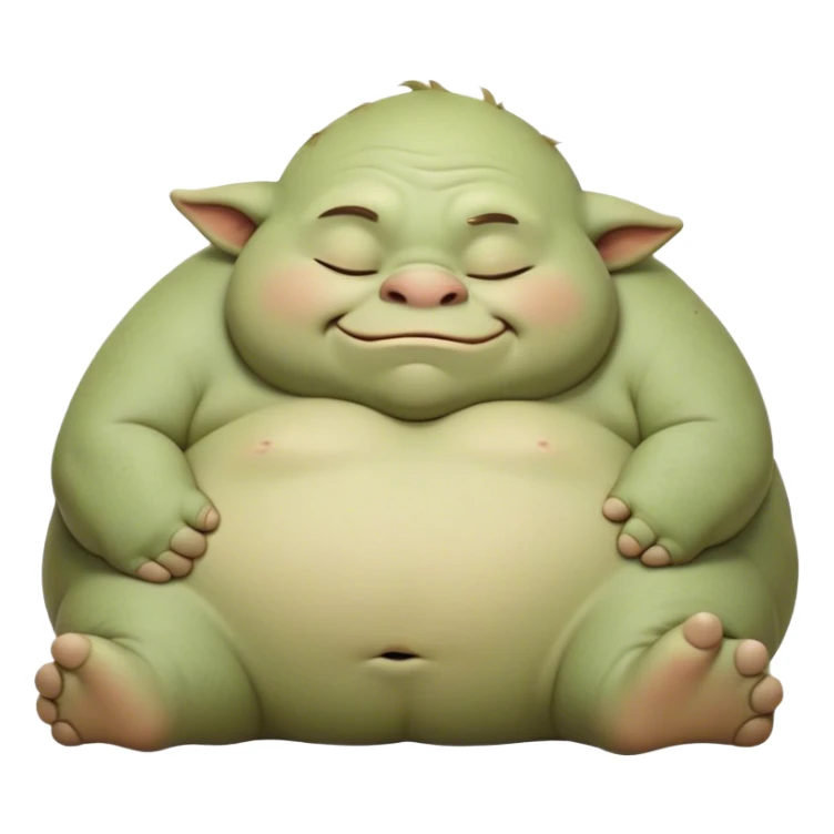 Meme-Worthy Cute Sleeping Ogre Portrait Emoji, with a surprisingly endearing, plump figure in soft earthy greens and browns, head drooping gently with closed, relaxed eyes and a content, sleepy grin, simplified yet adorably detailed, glowing with a soft warm outline that captures the peaceful slumber of a friendly ogre after a day of gentle mischief! sticker